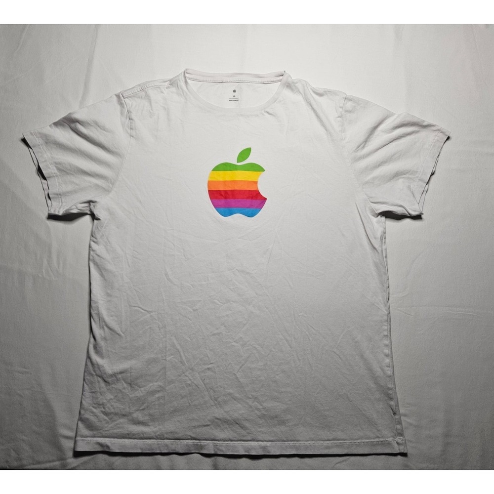 Apple Rainbow Logo T-Shirt Men Size XL White Graphic Tee Short Sleeve
